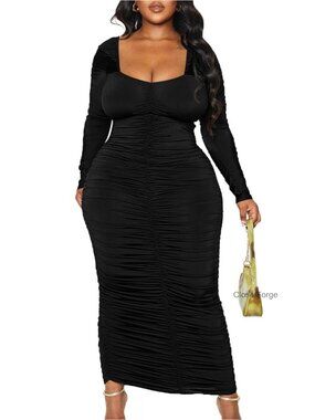Plus Size Bodycon Ruched Long Sleeve Dress Square Neck Party Cocktail